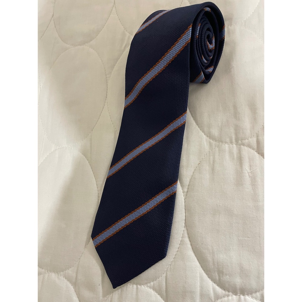 Robert Jensen Mens Silk Tie Navy Blue Orange Striped Hand Sewn Italy Oxford Shop